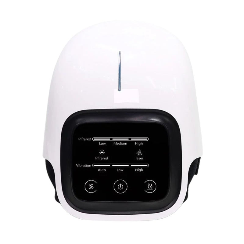 Knee massager with digital control panel showing infrared heat and vibration settings for joint therapy
