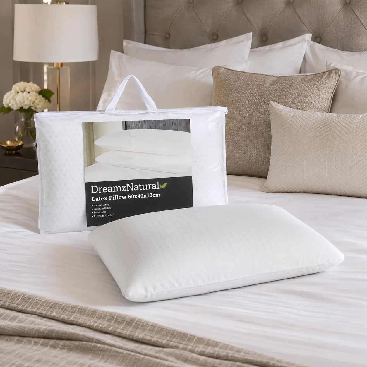 Natural latex pillow with carry bag and premium packaging