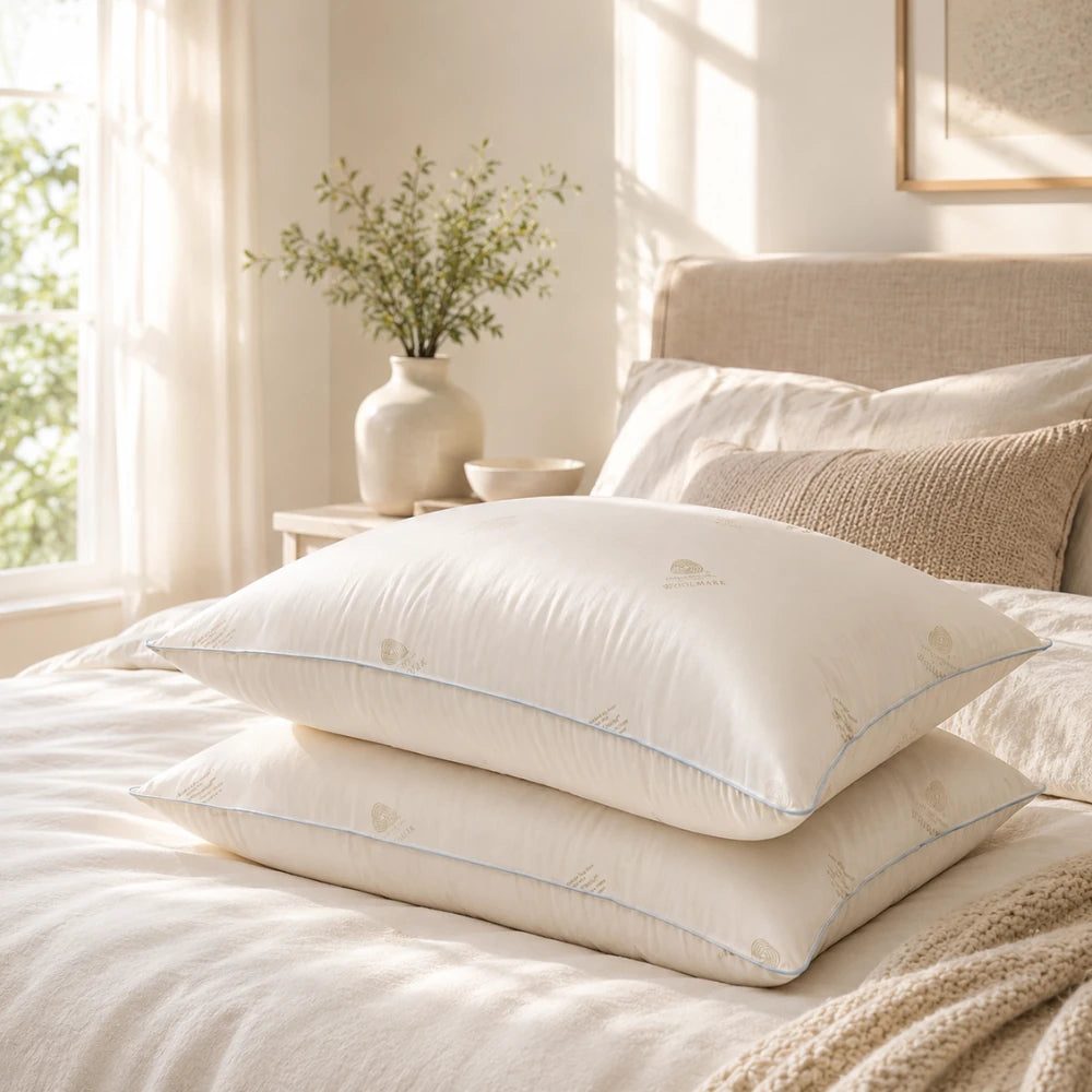 Stacked pillows on beige bed showing plush Merino wool pillow comfort