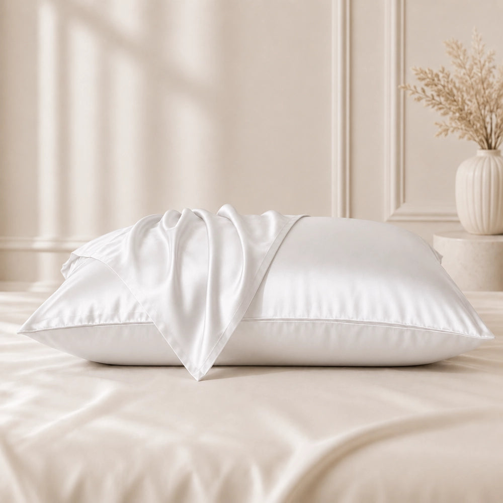 White silk pillowcases styled in a bedroom with silk pillowcases