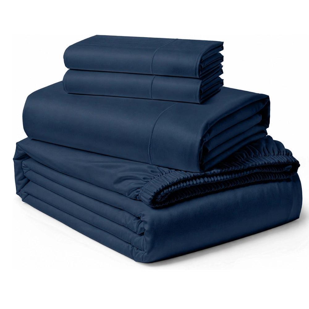 Navy luxury sheet set folded for premium bedroom styling
