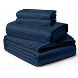 Navy luxury sheet set folded for premium bedroom styling