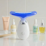 Neck rejuvenation device on bathroom counter with skincare products