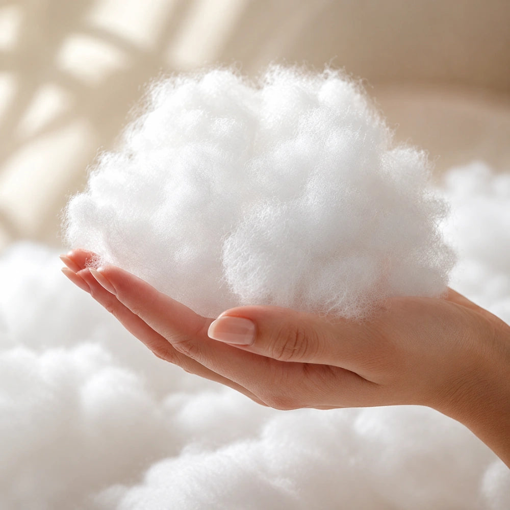 Hand holding soft fluffy fibre used as premium pillow filling.