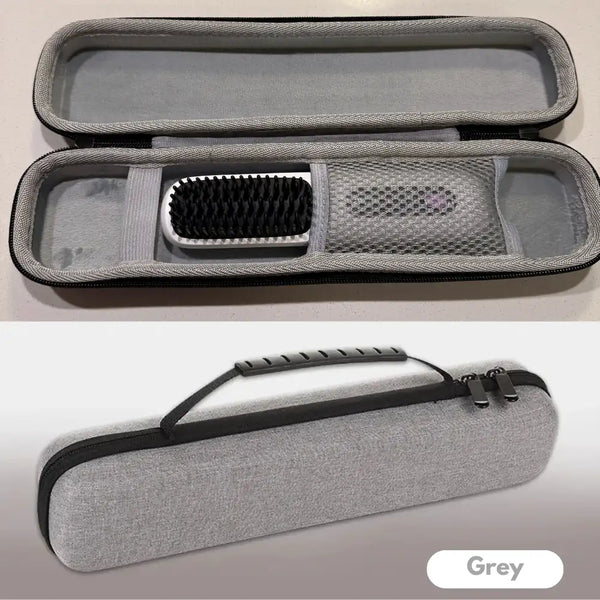 Grey PureStraight travel case open view with mesh pocket and organiser.
