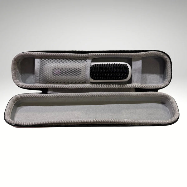 Open PureStraight hard shell travel case showing interior compartments.