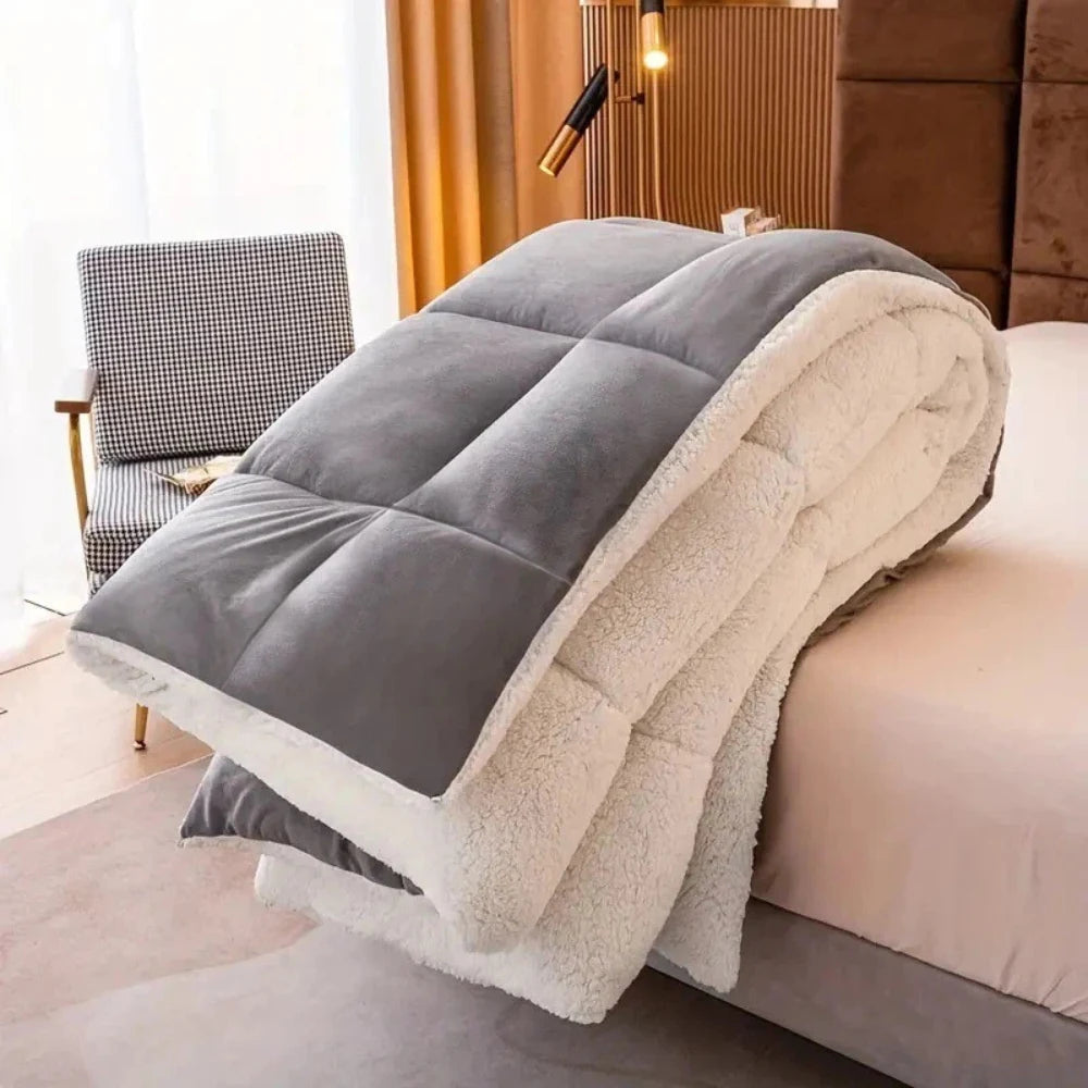 grey sherpa doona draped on bed showing soft fleece winter bedding
