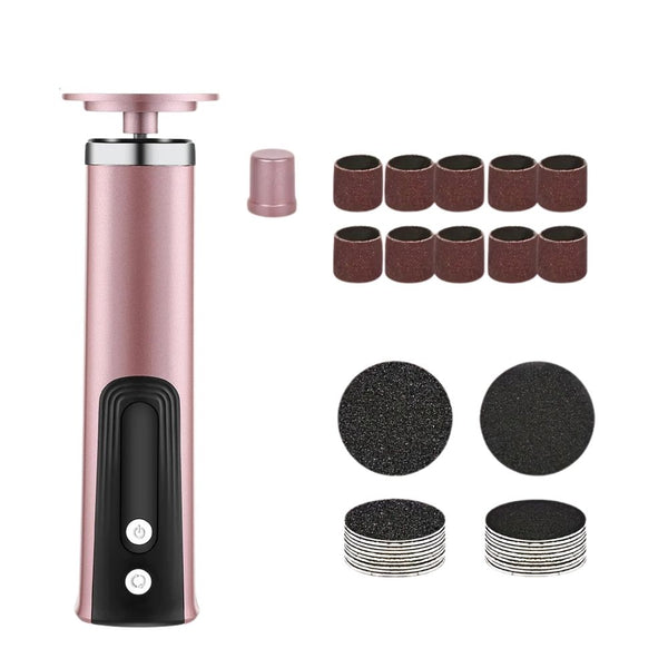 SilkySole Electric Callus Remover device with grinding heads, sandpaper discs, and cap shown in flat lay