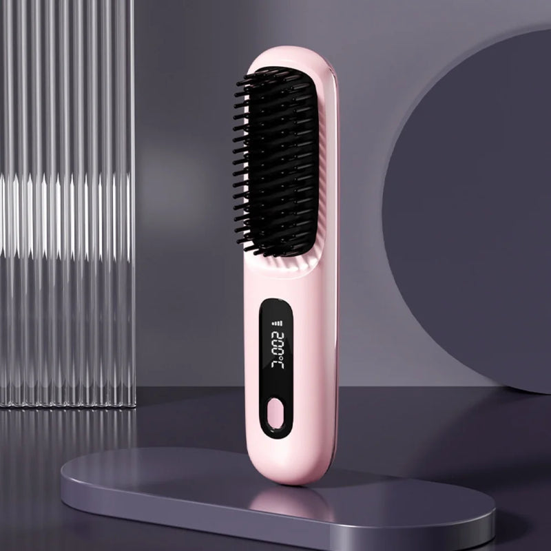SleekWave Cordless Hair Straightening Brush in Blush Pink featuring 200°C heat setting for smooth and shiny results