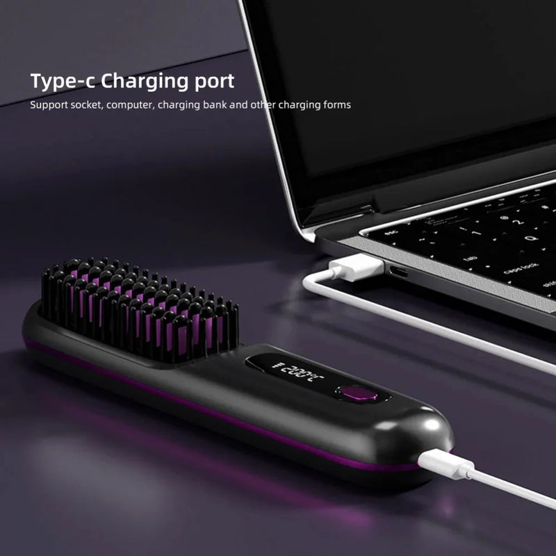 SleekWave Cordless Hair Straightening Brush with Type-C fast charging port compatible with laptops and power banks