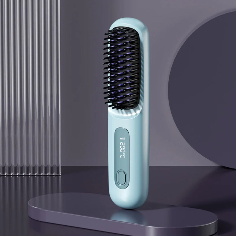 SleekWave Cordless Hair Straightening Brush in Glacier Blue with LED temperature control and portable compact design
