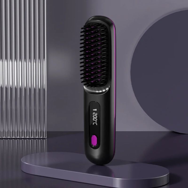 SleekWave Portable Cordless Hair Straightening Brush in stylish black with ergonomic handle for easy everyday styling