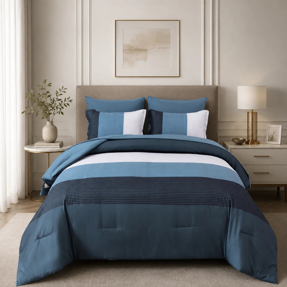 Blue stripe summer comforter styled in a premium bedroom
