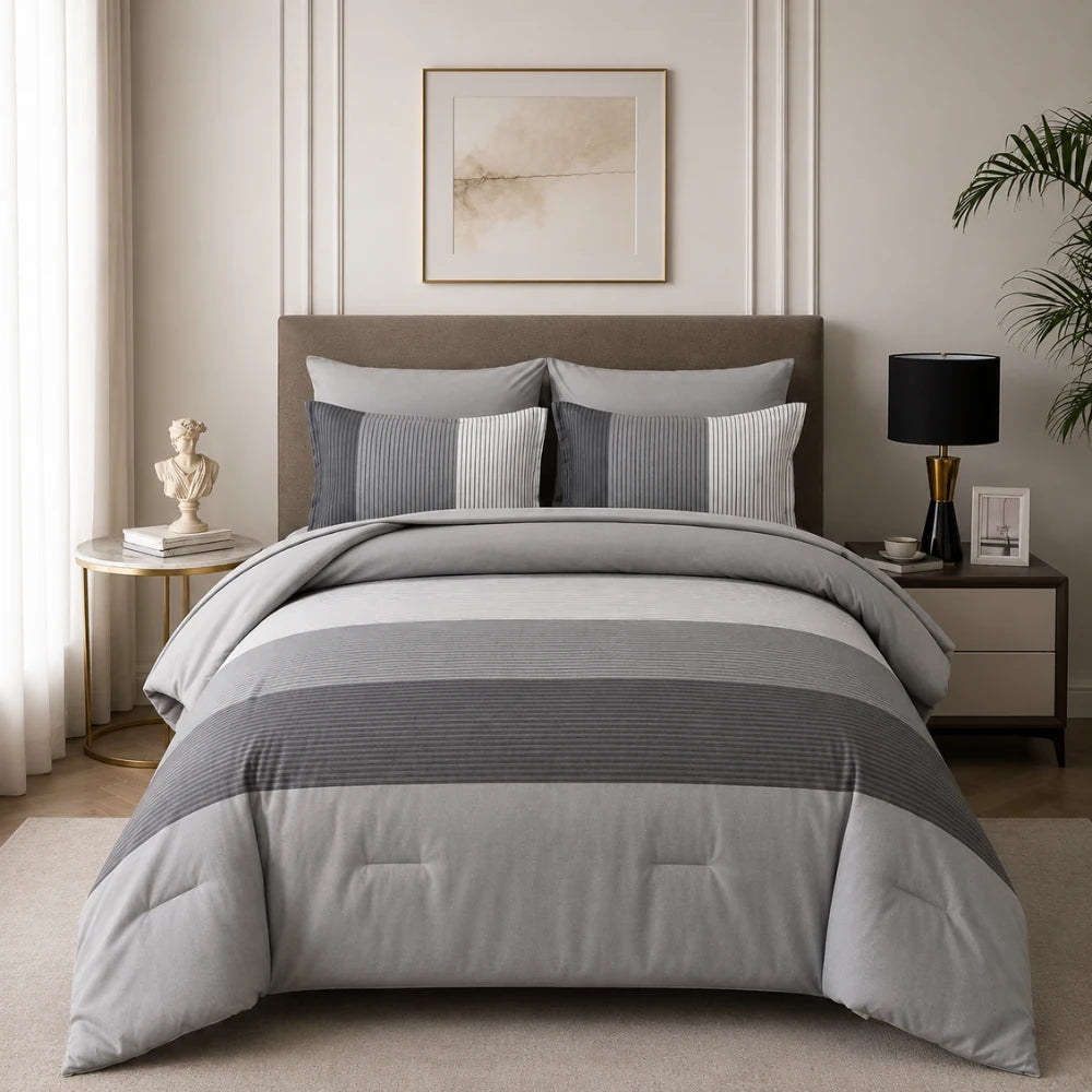 Grey stripe summer comforter set styled in a modern bedroom