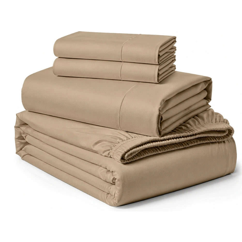 Taupe Egyptian cotton bedding folded with soft luxury finish