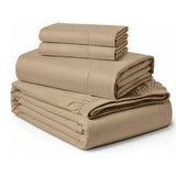 Taupe Egyptian cotton bedding folded with soft luxury finish