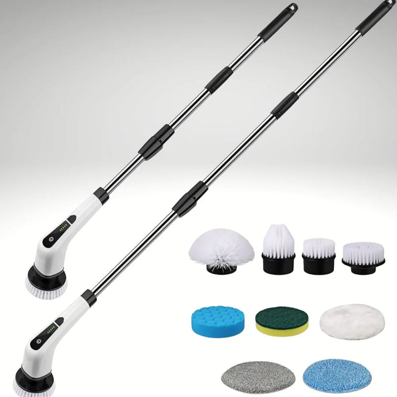 Turbo cordless electric scrubber with long adjustable handle and brush heads for bathroom deep cleaning