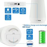 Rechargeable baby sound machine with USB charging, timer, headphone jack, and memory function.