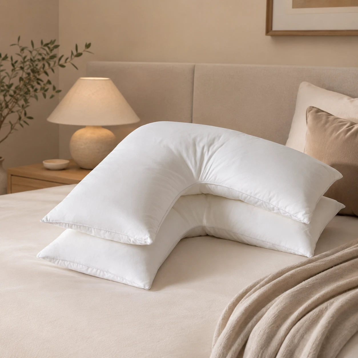 Two V shaped pillows styled on a bed for added comfort