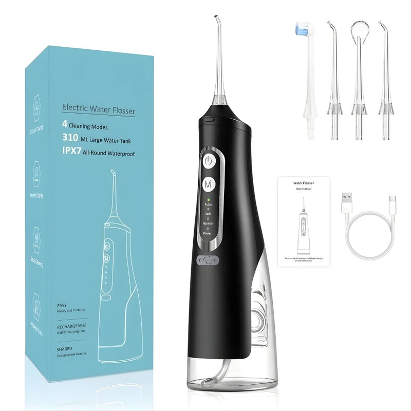 Water flosser set including box, extra nozzles and charging accessories.