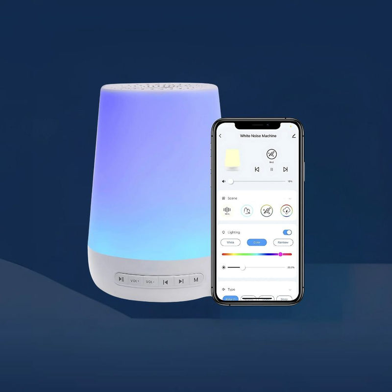 Modern baby white noise machine with app interface showing light, sound, and scene control options.