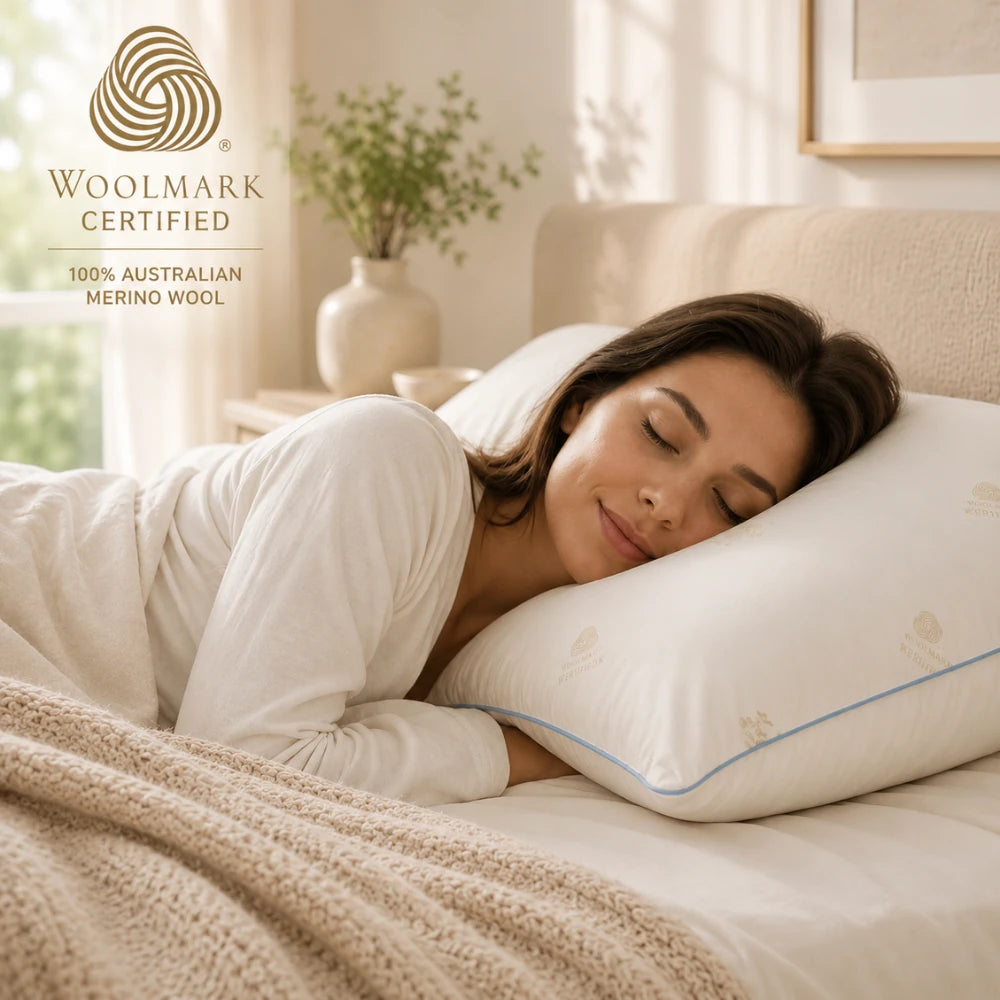 Woman sleeping peacefully on Woolmark certified Australian wool pillow